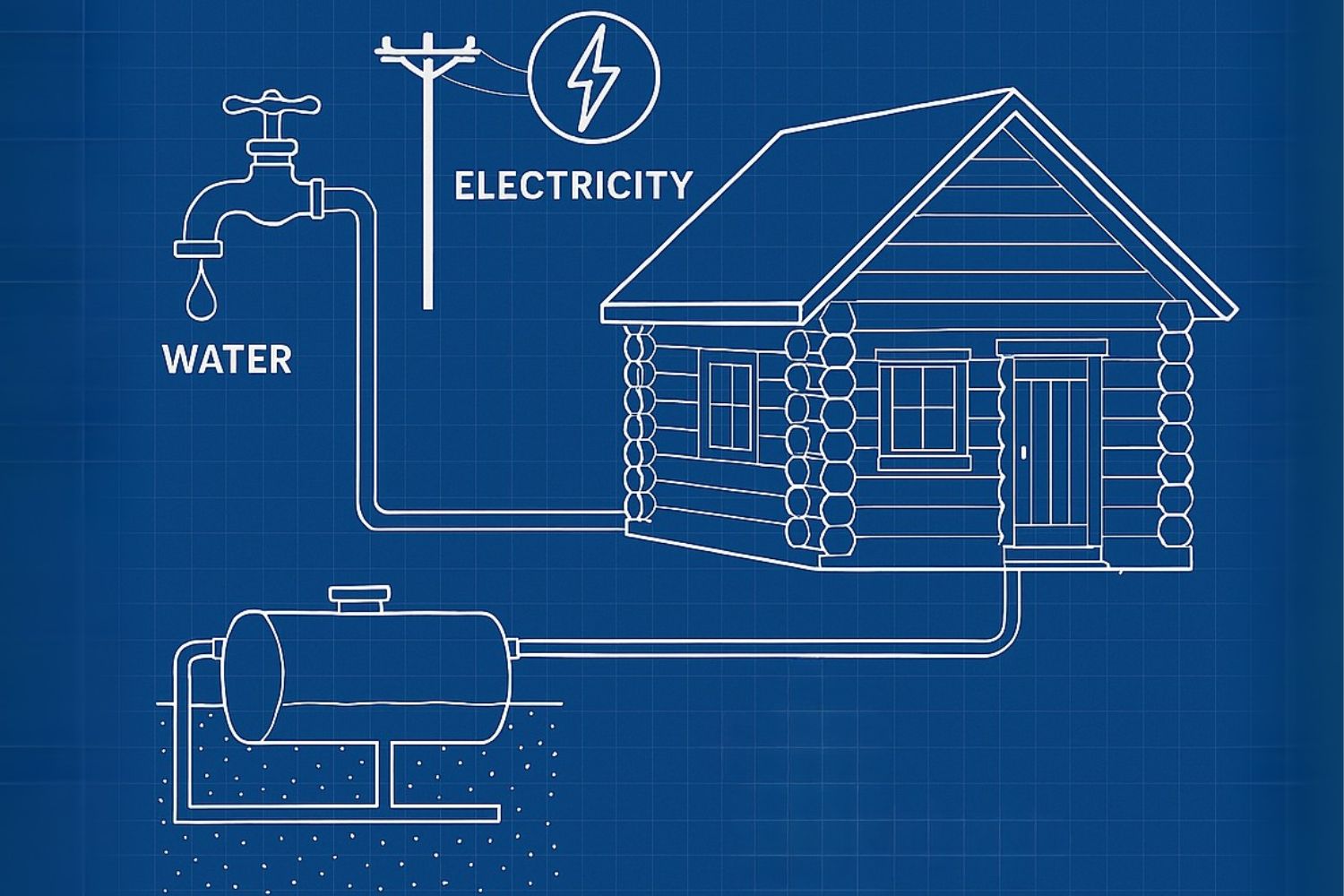Blueprint of cabin highlighting electricity, water, and septic systems