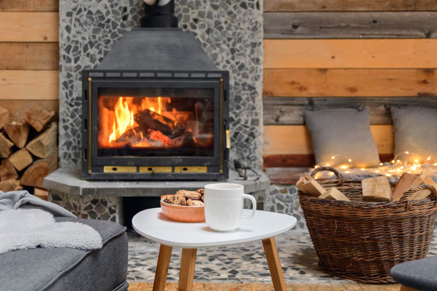 View of fireplace inside cabin with cozy seating area